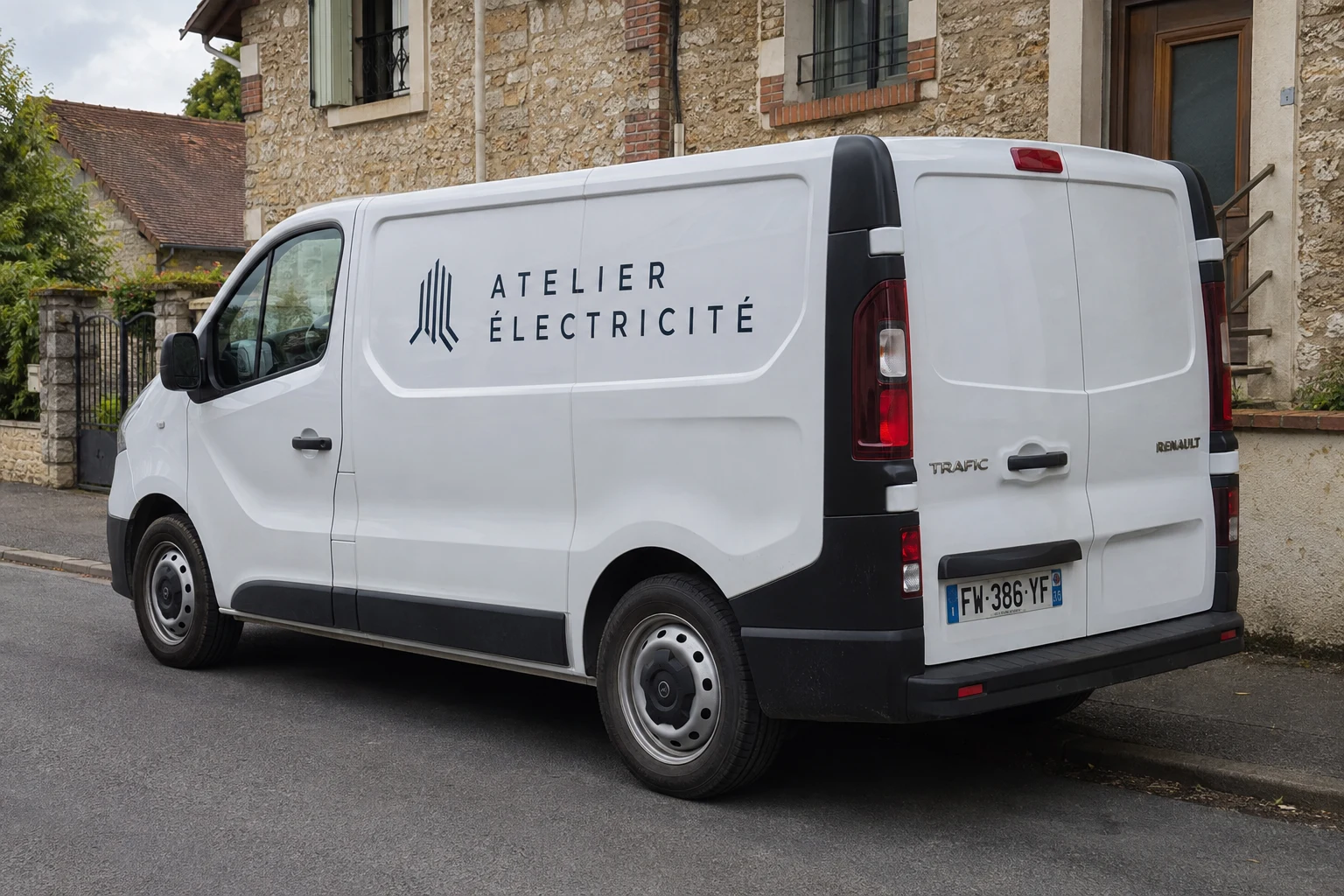 Exemple de marquage bleu pour un électricien sur un utilitaire blanc